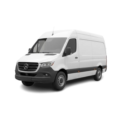 Logistics Company USA White Mercedes-Benz Sprinter cargo van, US market model, parked on a white background, representing reliable logistics and freight delivery services by K&A Tranz LLC.